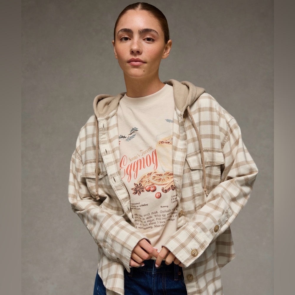 AE•Plaid Hooded Button-Up Shirt•Size S•NWT